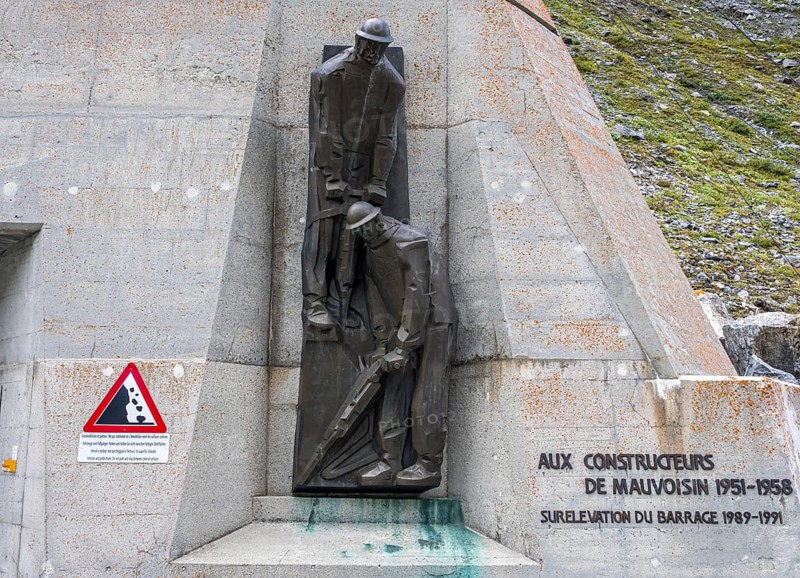 Monument in memory of workers who build the hydroelectric water dam at Lake Mauvoisin, Switzerland, Europe