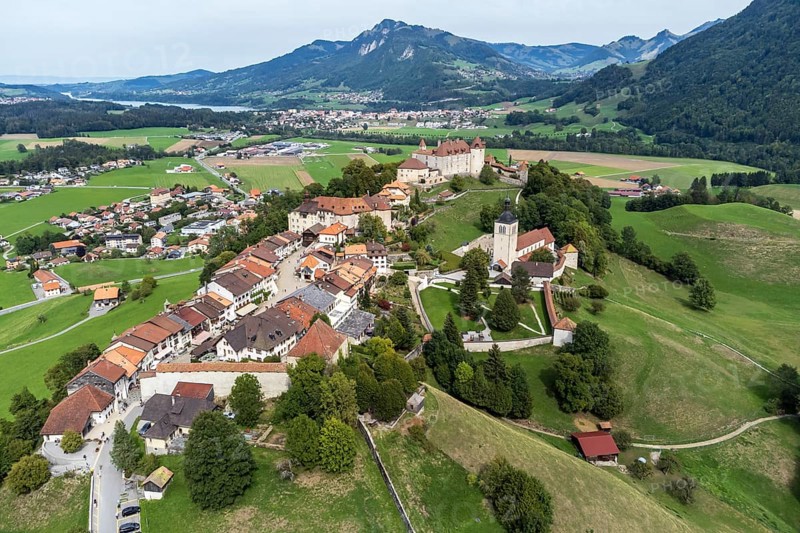 Aerial view of Gruyeres, village and castle, Switzerland, Europe