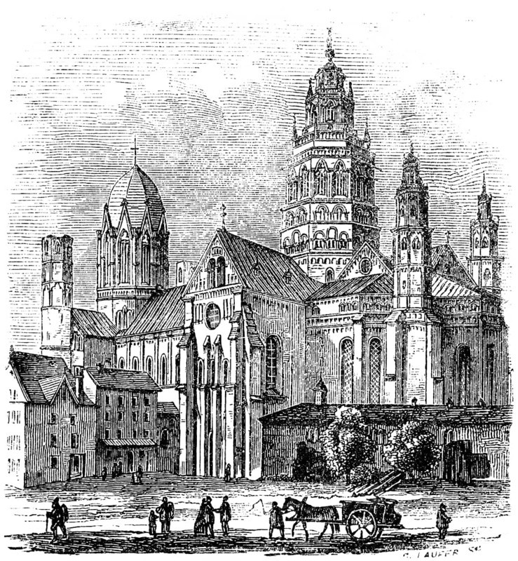 Mainz Cathedral, Mainz, Rhineland-Palatinate, horse-drawn carriage, people, Germany, church building at the time of the Crusades, historical illustration 1880, Europe