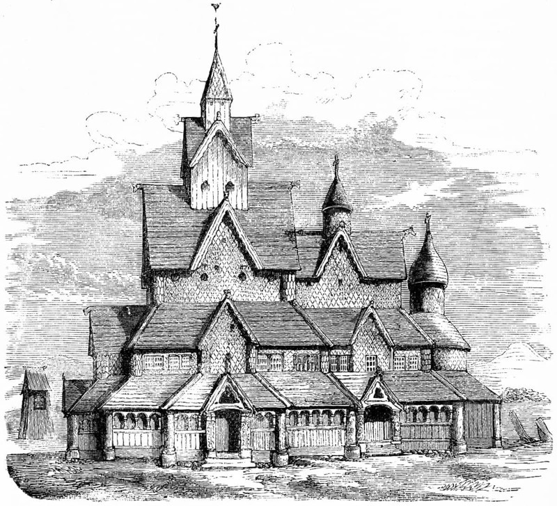 Heddal Stave Church, Norway, church building at the time of the Crusades, historical illustration 1880, Europe