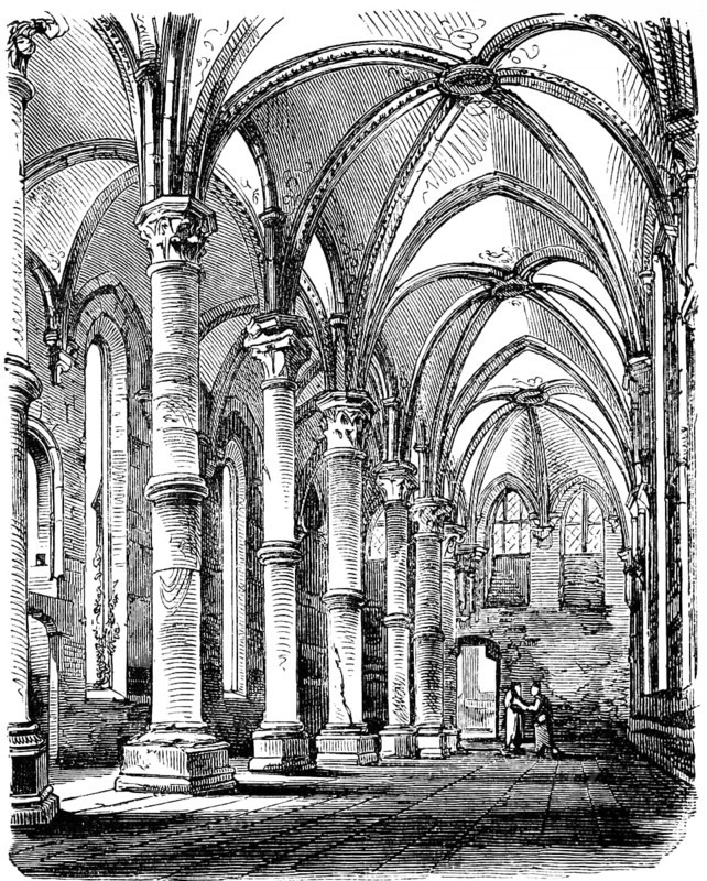 Summer refectory in Maulbronn Monastery, 14th century, Baden-Württemberg, portico, church building at the time of the Crusades, historical illustration 1880