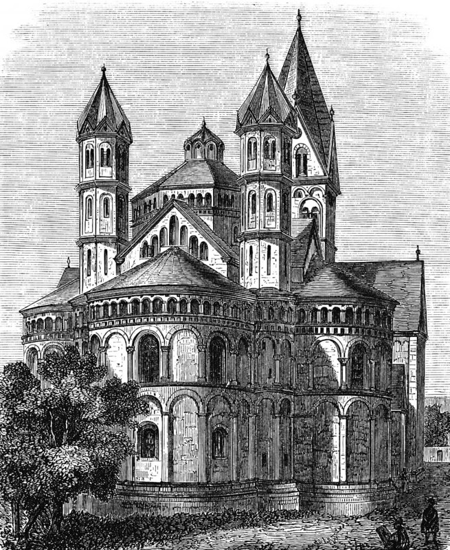 Choir towers of the Basilica of St. Aposteln in Cologne, North Rhine-Westphalia, Germany, church building at the time of the Crusades, historical illustration 1880, Europe