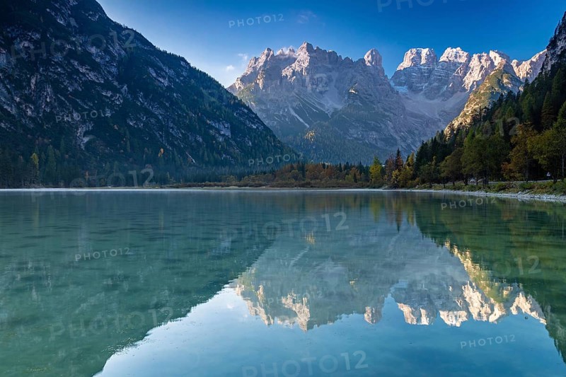 Lake Dürrensee in front of Monte Cristallo in the morning, Dolomites, South Tyrol
