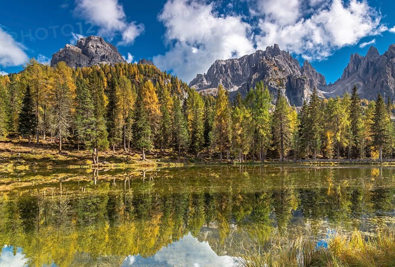 Autumn at Lake Antorno under the Cadini peaks, Dolomites, South Tyrol
