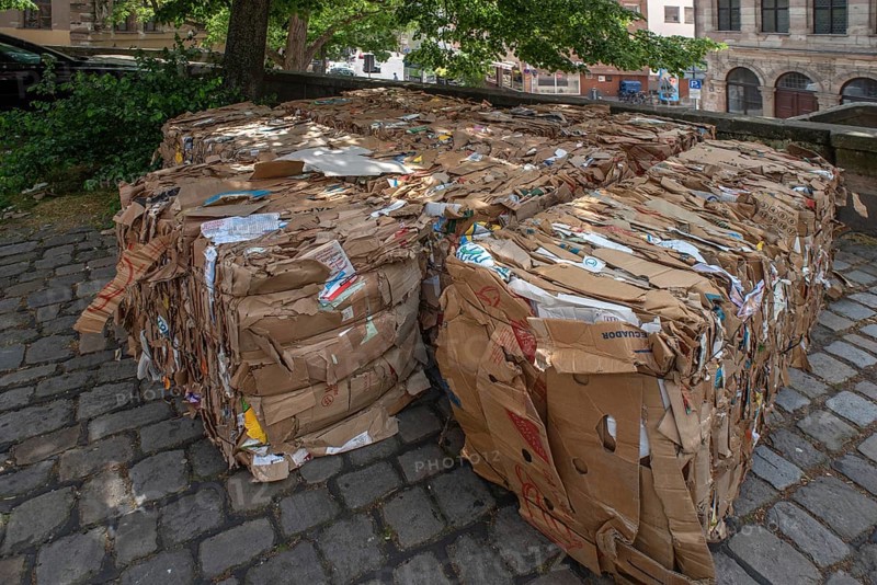 Collected waste paper tied together in cubes, Nuremberg, Central Franconia, Bavaria, Germany, Europe