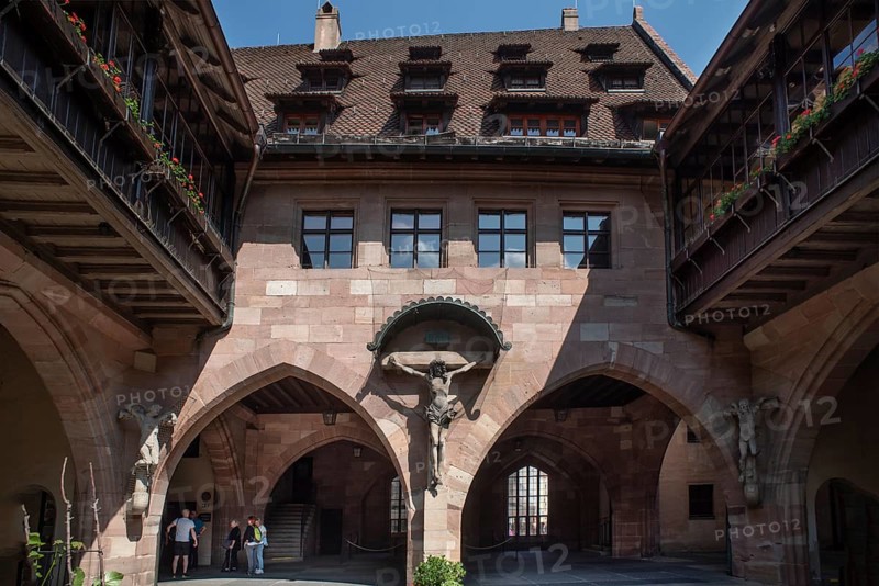 Inner courtyard of the historic Heilig-Geist-Spital, Nuremberg, Middle Franconia, Bavaria, Germany, Europe