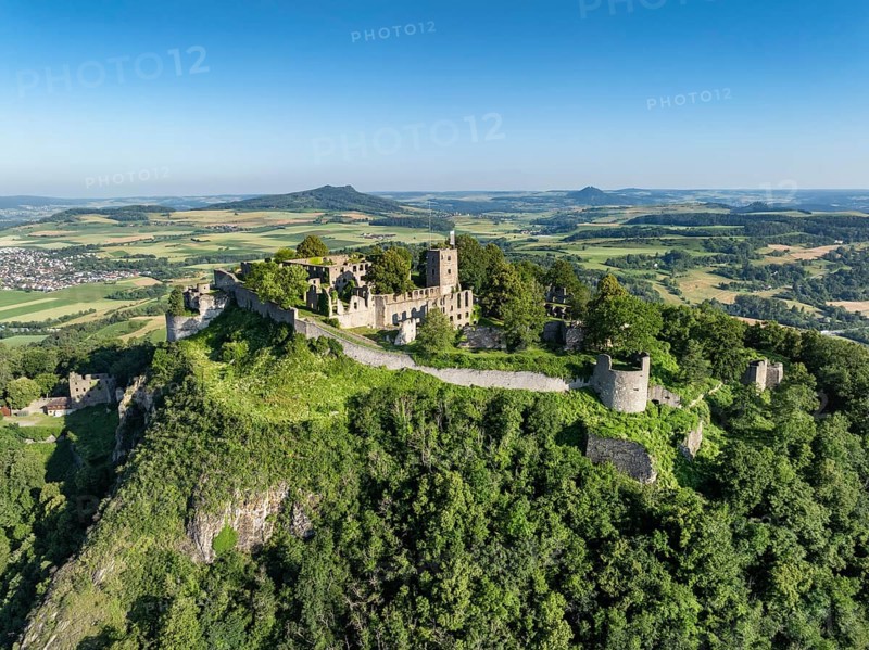 Aerial view of the volcanic cone Hohentwiel with Germany's largest fortress ruins, on the horizon the Hohenstoffeln and Hohenhewen, district of Constance, Baden-Württemberg, Germany, Europe