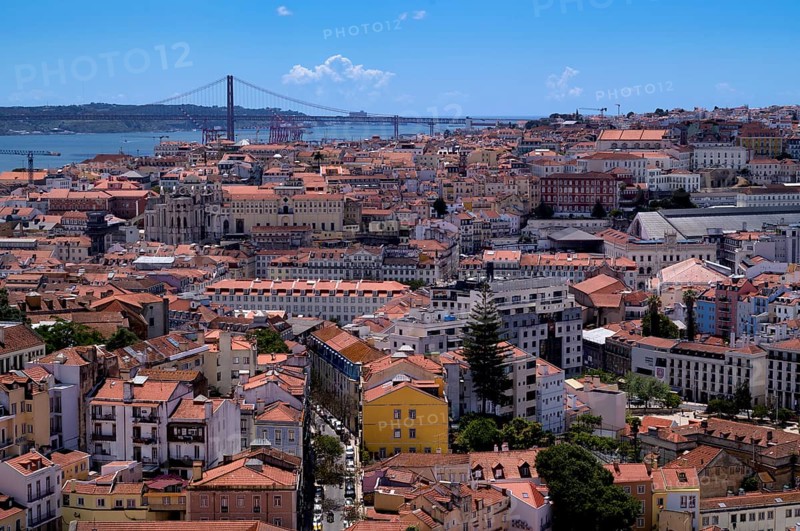 View from the viewpoint Miradouro da Graça, also Sophia de Mello Breyner Andresen, city view, historic city centre, bridge 25 de Abril, river Tejo, Lisbon, Portugal, Europe