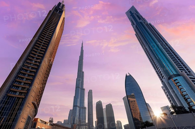 UAE, Dubai panoramic skyline view of city downtown and Dubai Mall