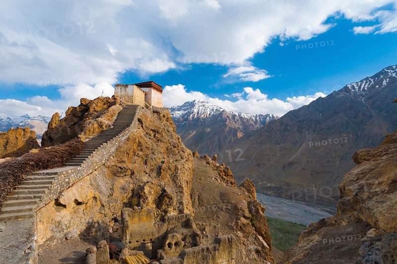 The watchtower at the old monastery has a commanding view of the mountains and Spiti Valley below in Dhankar, Himachal Pradesh, India, Asia