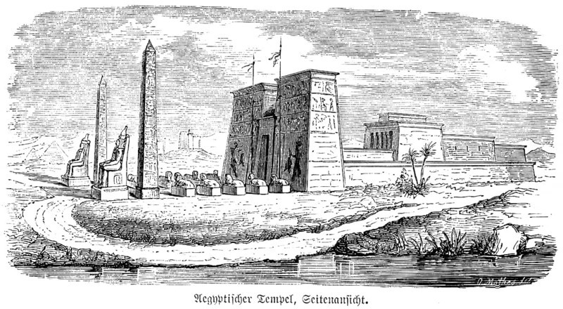 Egyptian temple, side view, selenium, statues, entrance gate, river, palm trees, path, wall, Egypt, historical illustration 1880, Orient, Africa