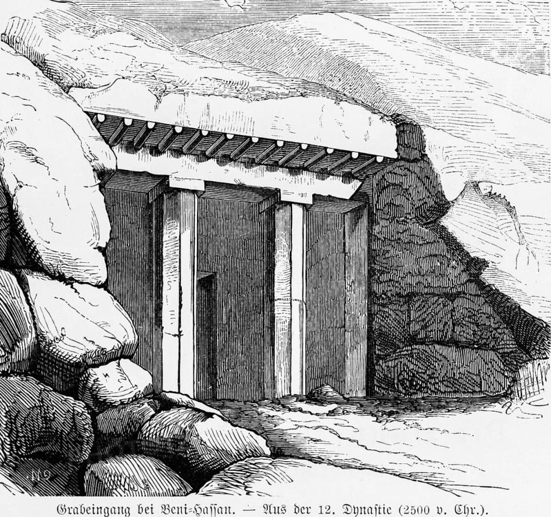 Tomb entrance at Beni Hassan, Garb from the 12th Dynasty, 2500 BC, columns, rocks, Egypt, historical illustration 1880, Orient, Africa