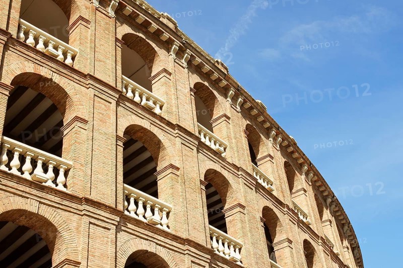 Detail of Plaza de toros (bullring) in Valencia, Spain. This stadium was built by architect Sebastian Monleon in 1851, next to North Train Station (Estacion de Norte)