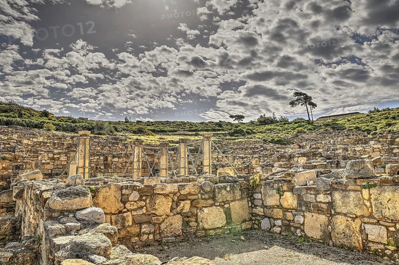 HDR, Super wide angle shot, Ancient ruins with stone walls under a dramatic cloudy sky, Atrium house, Kamiros, Archaeological site, Ancient city, Foundation of Doric Greeks, Rhodes, Dodecanese, Greek Islands, Greece, Europe