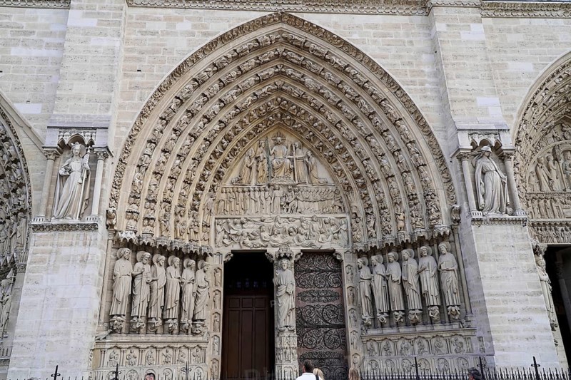 Detail of the main portal of Notre Dame Cathedral, Paris, FranceParis, France, Europe, Facade of a Gothic cathedral with impressive arcades and detailed sculptures, Europe