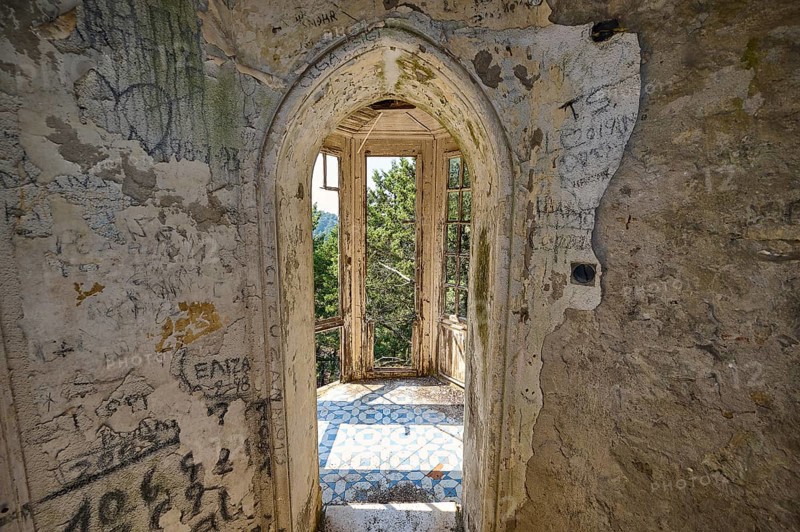 Ruin with arched windows and walls full of doodles and views of nature, Mussolini Villa, Villa de Vecchi, Profitis Ilias, Empona, Rhodes, Dodecanese, Greek Islands, Greece, Europe
