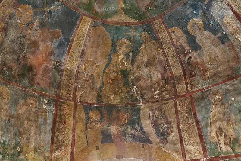 Large, weathered dome mural with numerous holy figures and religious scenes in a church, Byzantine chapel Agios Nikolaos Foundoukli, between Eleousa and Profitis Ilias, Rhodes, Dodecanese, Greek Islands, Greece, Europe