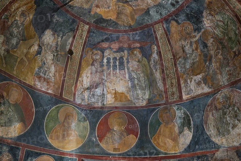 Detail of a dome with religious wall paintings and images of saints, Byzantine chapel of Agios Nikolaos Foundoukli, between Eleousa and Profitis Ilias, Rhodes, Dodecanese, Greek Islands, Greece, Europe