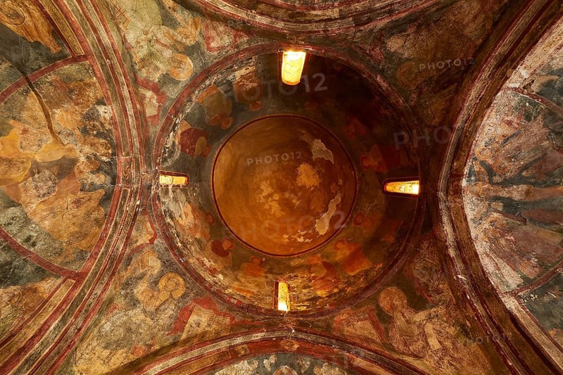 View inside a dome with ancient murals and ornate decorations, Byzantine chapel of Agios Nikolaos Foundoukli, between Eleousa and Profitis Ilias, Rhodes, Dodecanese, Greek Islands, Greece, Europe