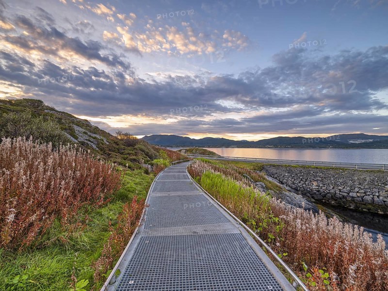 Circular route along the Atlantic Road, blue sky with clouds, sunrise, Atlanterhavsveien, More og Romsdal, Norway, Europe