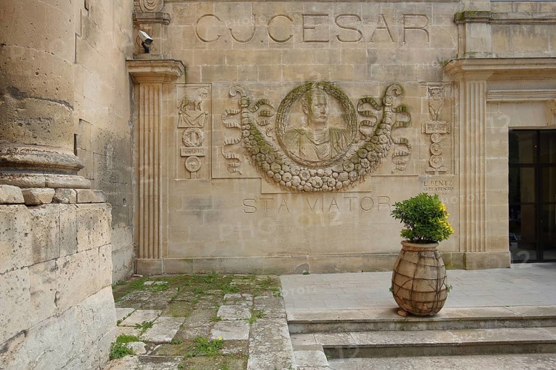 Relief and monument to Roman Emperor Julius Caesar with inscription, Hotel Jules César, Arles, Bouches-du-Rhône, Camargue, Provence, France, Europe