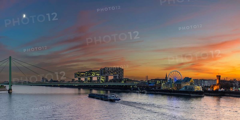 Panorama from the Deutzer Bridge to the Rheinau harbour with crane houses, chocolate museum and Bayenturm, Cologne, North Rhine-Westphalia, Germany, Europe