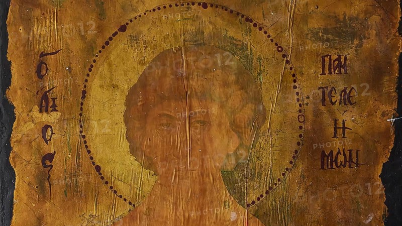 Yellowed antique painting of a religious icon on old paper with visible patina, Kastro Monolithou, Icon of Saint Panteleimon, Chapel of Agios Panteleimon, Monolithos Castle, Rock Castle, Monolithos Village, Rhodes, Dodecanese, Greek Islands, Greece, Europe