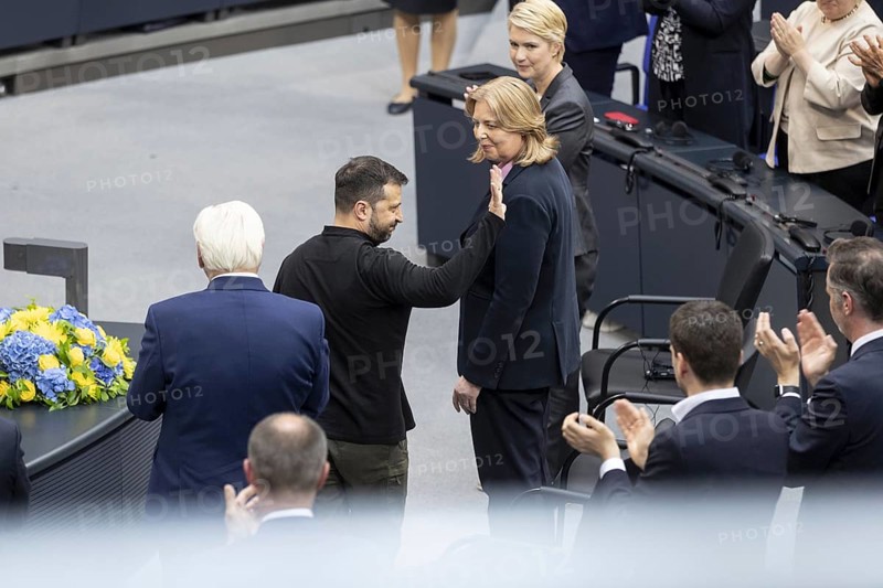 Volodymyr Selensky, President of Ukraine, Federal President Frank-Walter Steinmeier, Bärbel Bas (SPD), President of the Bundestag, recorded during a speech in the German Bundestag in Berlin, 11 June 2024