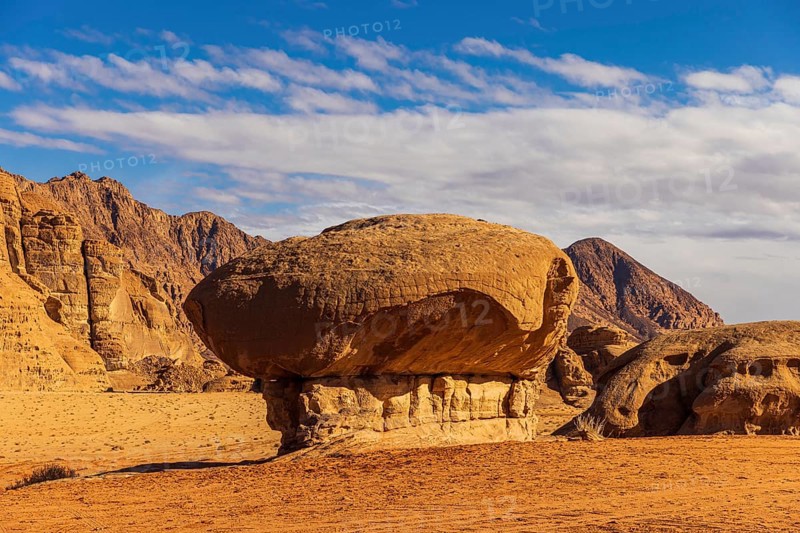 The Mushroom stone formation in the Valley of the Moon of Wadi Rum desert