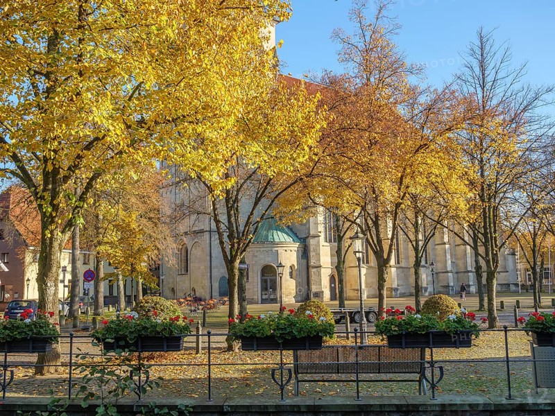 Church in autumn with yellow glowing trees and flower beds in the foreground, nottuln, münsterland, germany