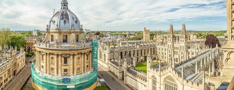 Panoramic aerial view of All Souls College, Oxford University, Oxford in a beautiful summer day, England, United Kingdom, Europe
