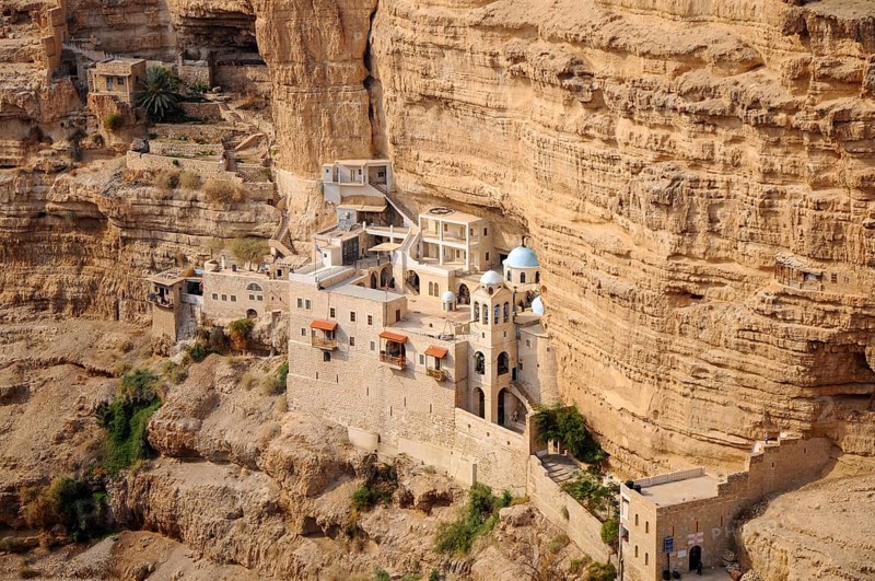 St. George Orthodox Monastery is located in Wadi Qelt. The sixth-century cliff-hanging complex, with its ancient chapel and gardens, is still inhabited