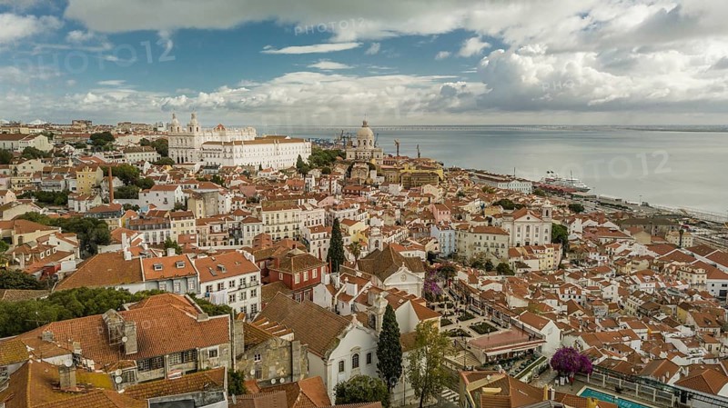 Aerial view Portugal Lisbon the Alfama is oldest district of Lisbon spreading on slope between Sao Jorge Castle and Tejo river
