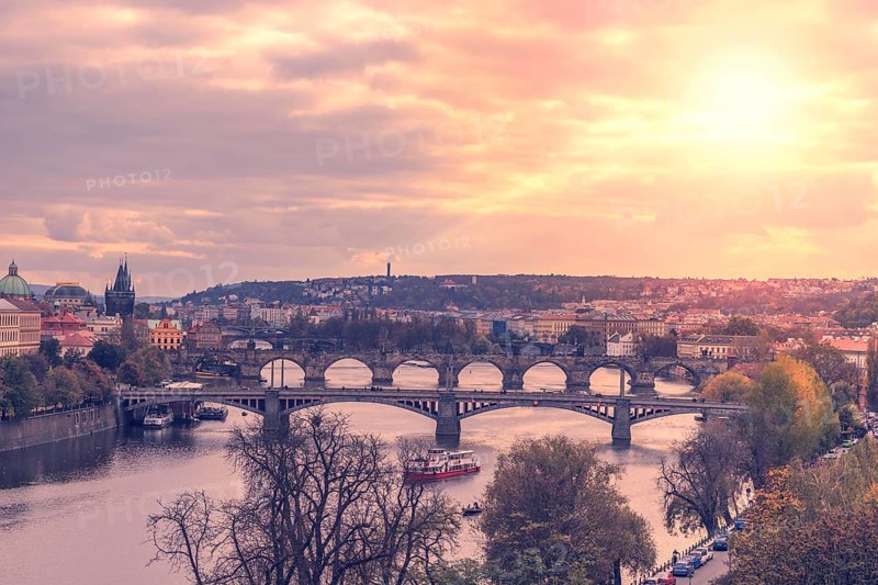 Aerial view from the Bridge tower on Charles Bridge and Prague Castle, Czech Republic, Europe