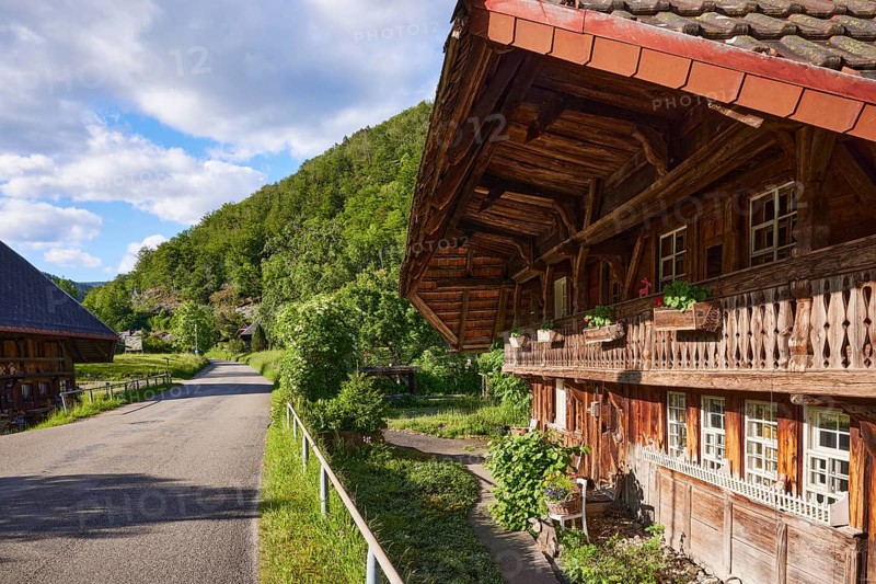 Black Forest houses and street in the Geschwend district, Todtnau, Black Forest, Lorrach district, Baden-Württemberg, Germany, Europe