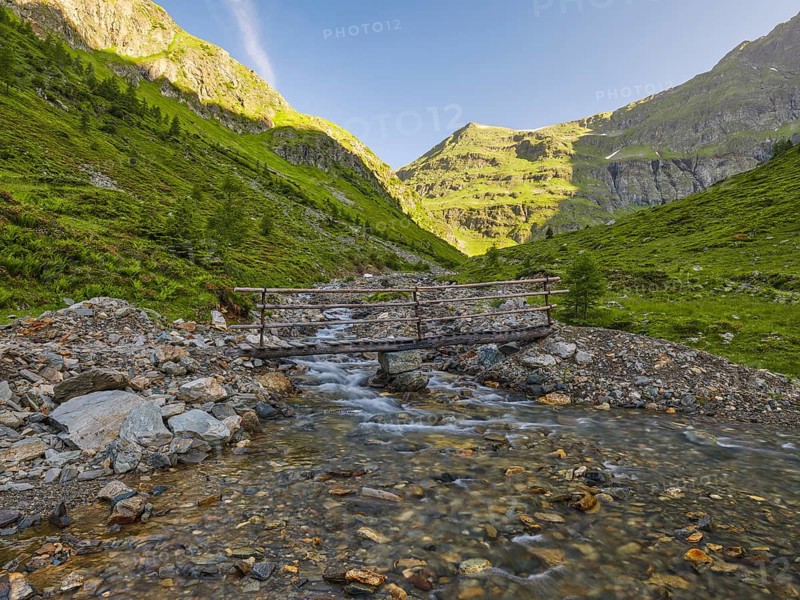 Wooden bridge on the way to Landawirsee, blue sky, morning, Schladminger Tauern, Goriach, Lungau, Salzburg