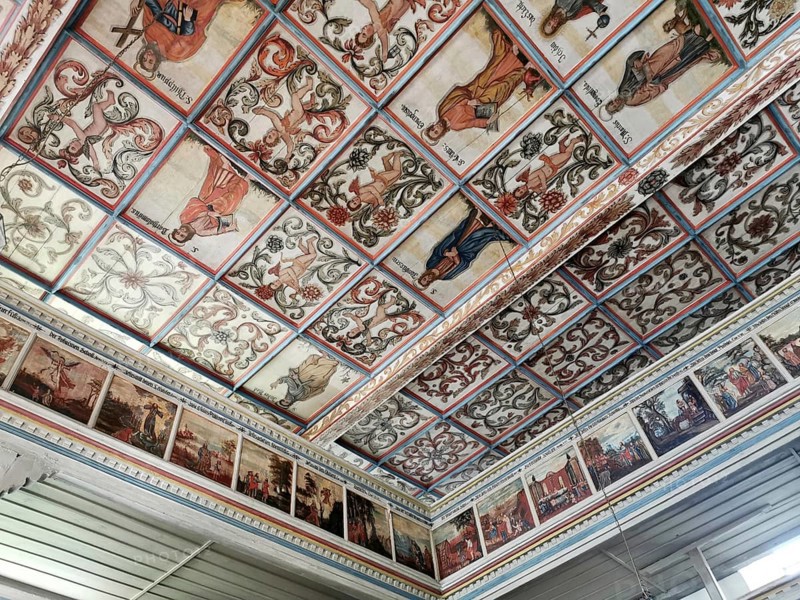 Church ceiling and gallery, painting with biblical scenes, late Gothic St Vitus and St Michael's Church, Heiligenstadt, Bamberg district, Upper Franconia, Bavaria, Germany, Europe