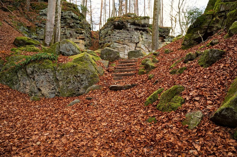 Devil Gorge at the Eifel, Teufelsschlucht with mighty boulders and canyon, hiking trail in Germany, sandstone rock formation, autumn