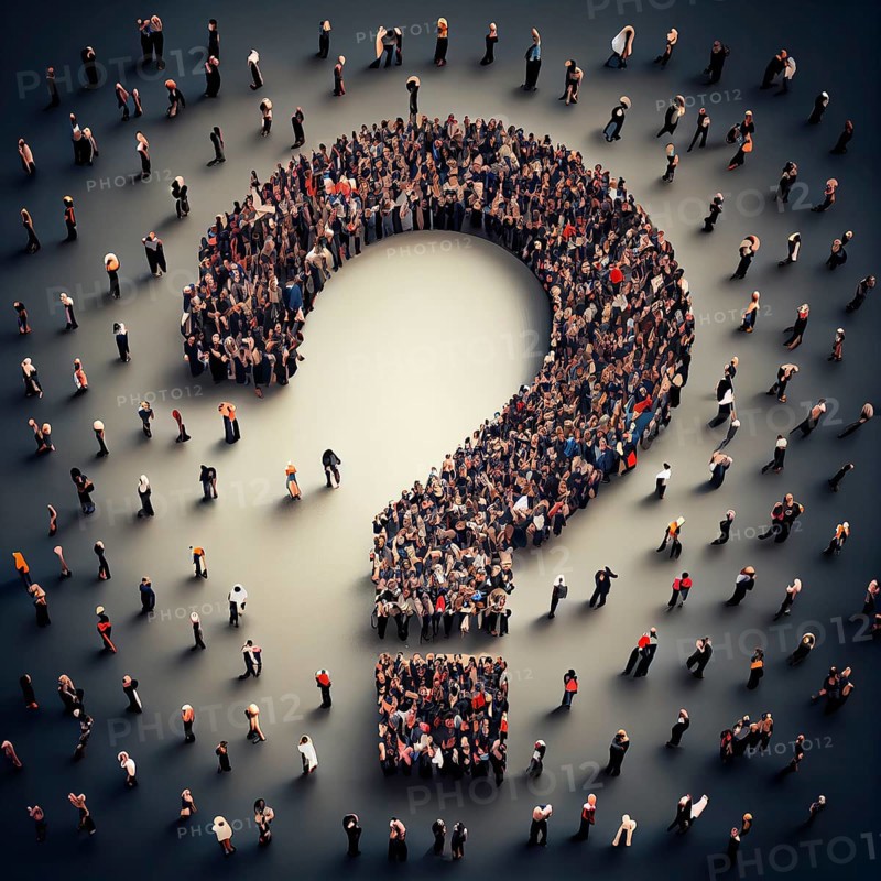 Group of people building a question mark, searching for answers, thoughts for solving a problem, having doubts