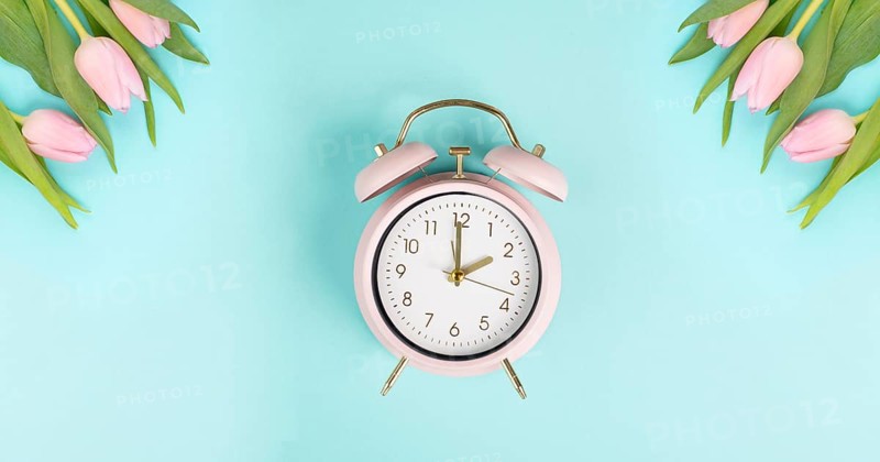 Alarm clock with tulips, switch to daylight saving time in spring, summer time changeover