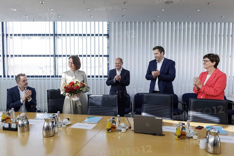 Katarina Barley, SPD lead candidate for the 2024 European elections, Olaf Scholz (SPD), Federal Chancellor, Lars Klingbeil, SPD Party Chairman, and Saskia Esken, Federal Chairwoman of the SPD, pictured during the SPD Presidium meeting after the European elections at the Willy Brandt House in Berlin, 10 June 2024