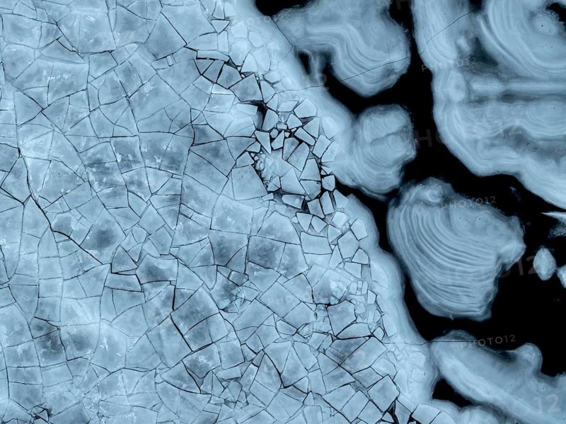 Aerial view of frozen lake, ice floes, winter, Storvatnet, Flakstadoya, Lofoten, Norway, Europe
