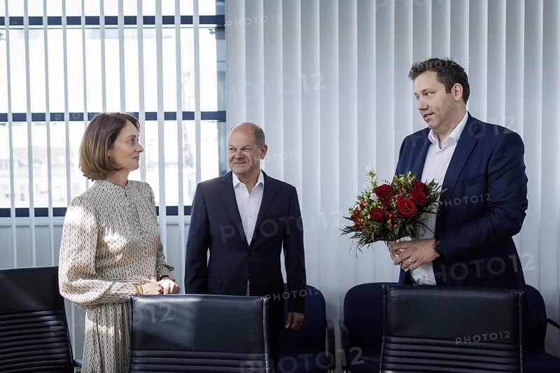 Katarina Barley, SPD lead candidate for the 2024 European elections, Olaf Scholz (SPD), Federal Chancellor, and Lars Klingbeil, SPD party chairman, photographed during the SPD Presidium meeting after the European elections at the Willy Brandt House in Berlin, 10 June 2024