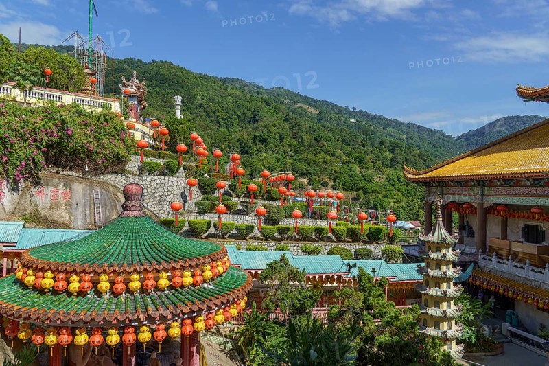 Chinese temple with lanterns and views of green hills and mountains, Pattaya, Thailand, Asia