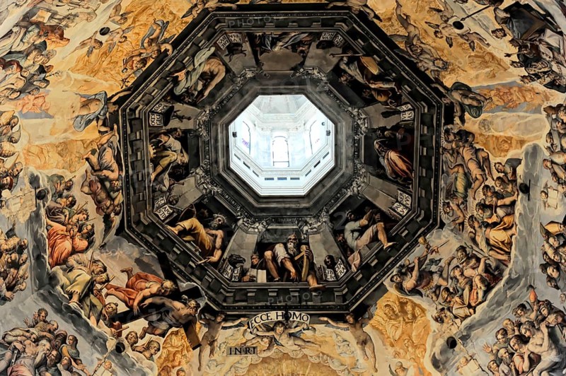 Interior view of the dome of the Basillica di Santa Maria del Fiore, Il Duomo di Firenze, Florence, Italy, Europe, Interior of a dome with ornate frescoes and a central opening rich in historical details, Tuscany, Europe