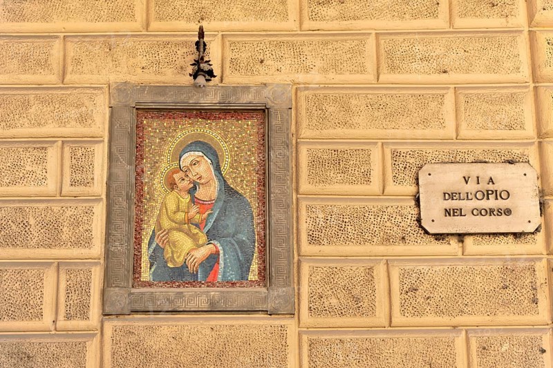 Montepulciano, Tuscany, Italy, Europe, Mural of the Madonna and Child, on a stone wall in a Christian setting, Tuscany, Europe Italy, Europe