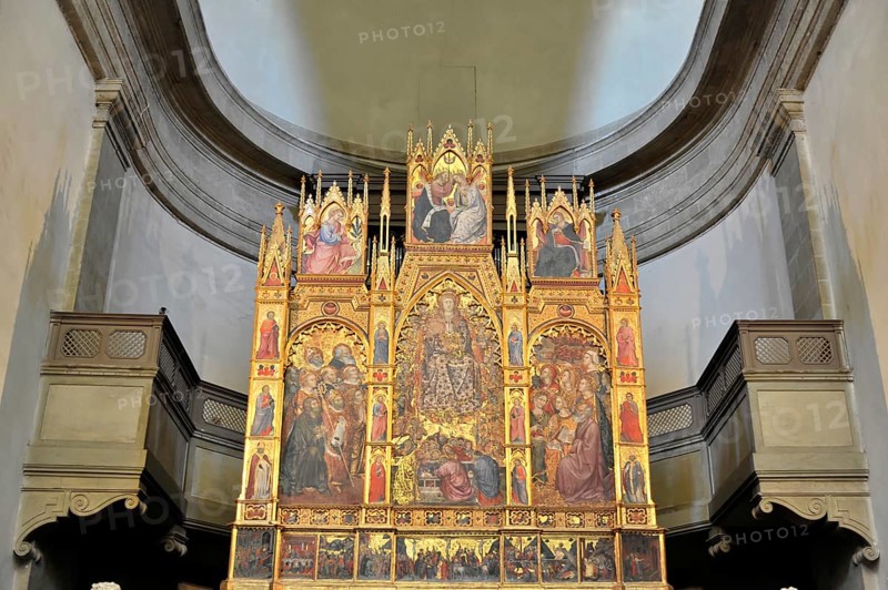 Montepulciano, Tuscany, Italy, Europe, A richly decorated altar with numerous images of saints and works of art in a church, Tuscany, Europe Italy, Europe