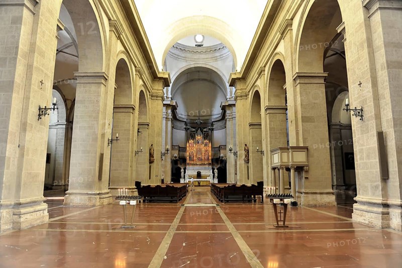 Montepulciano, Tuscany, Italy, Europe, A wide church interior with marble floor, large columns and arches, Tuscany, Europe Italy, Europe