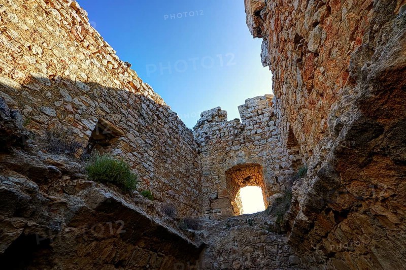 HDR, Interior view of the castle wall with a window-like hole through which sunlight enters, Kritinia Castle, St John's Castle, Kritinia, Rhodes, Dodecanese, Greek Islands, Greece, Europe