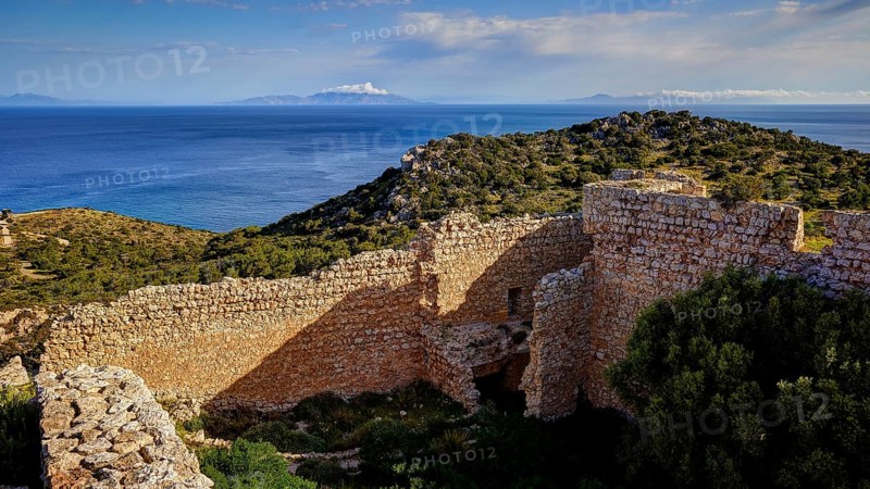 Ruins of a castle with a view of the sea and surrounding hills under a blue sky, Kritinia Castle, St John's Castle, Kritinia, Rhodes, Dodecanese, Greek Islands, Greece, Europe